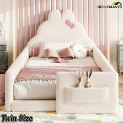 Bellemave® Upholstered Floor Bed with Side Storage Pocket, Low to Ground Kids Bed with Rabbit Headboard and Padded Guardrails - Bellemave