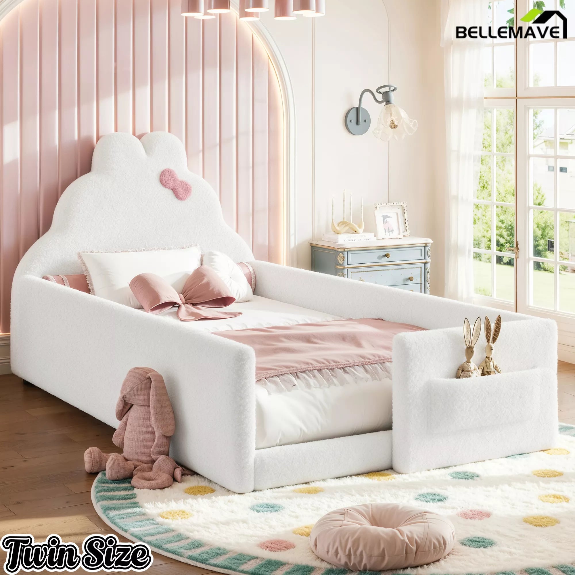 Bellemave® Upholstered Floor Bed with Side Storage Pocket, Low to Ground Kids Bed with Rabbit Headboard and Padded Guardrails - Bellemave