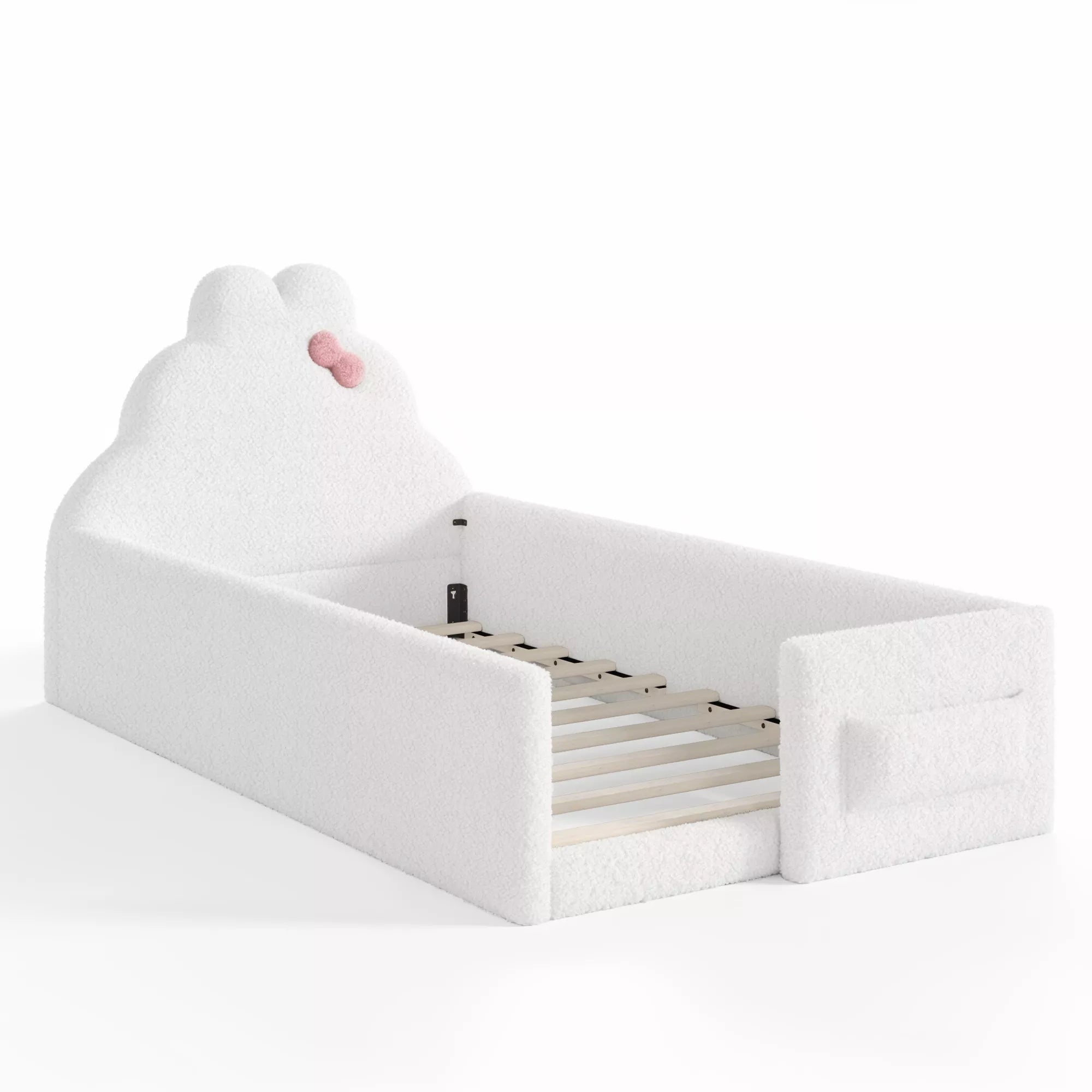 Bellemave® Upholstered Floor Bed with Side Storage Pocket, Low to Ground Kids Bed with Rabbit Headboard and Padded Guardrails - Bellemave