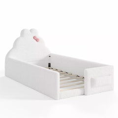 Bellemave® Upholstered Floor Bed with Side Storage Pocket, Low to Ground Kids Bed with Rabbit Headboard and Padded Guardrails - Bellemave