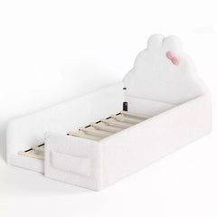 Bellemave® Upholstered Floor Bed with Side Storage Pocket, Low to Ground Kids Bed with Rabbit Headboard and Padded Guardrails - Bellemave
