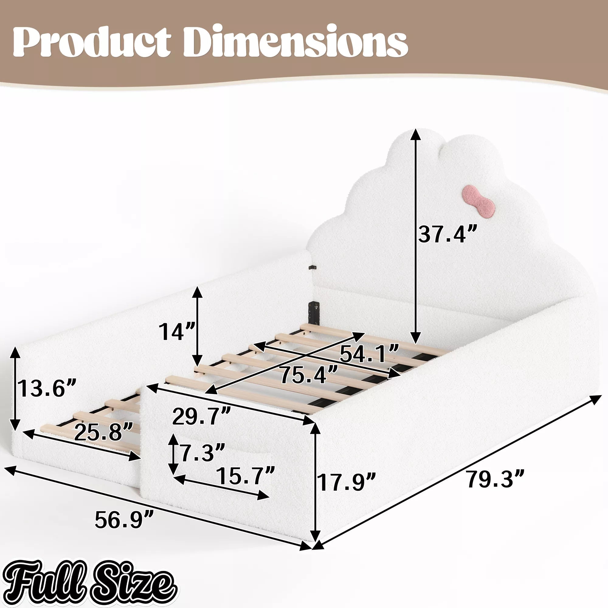 Bellemave® Upholstered Floor Bed with Side Storage Pocket, Low to Ground Kids Bed with Rabbit Headboard and Padded Guardrails - Bellemave