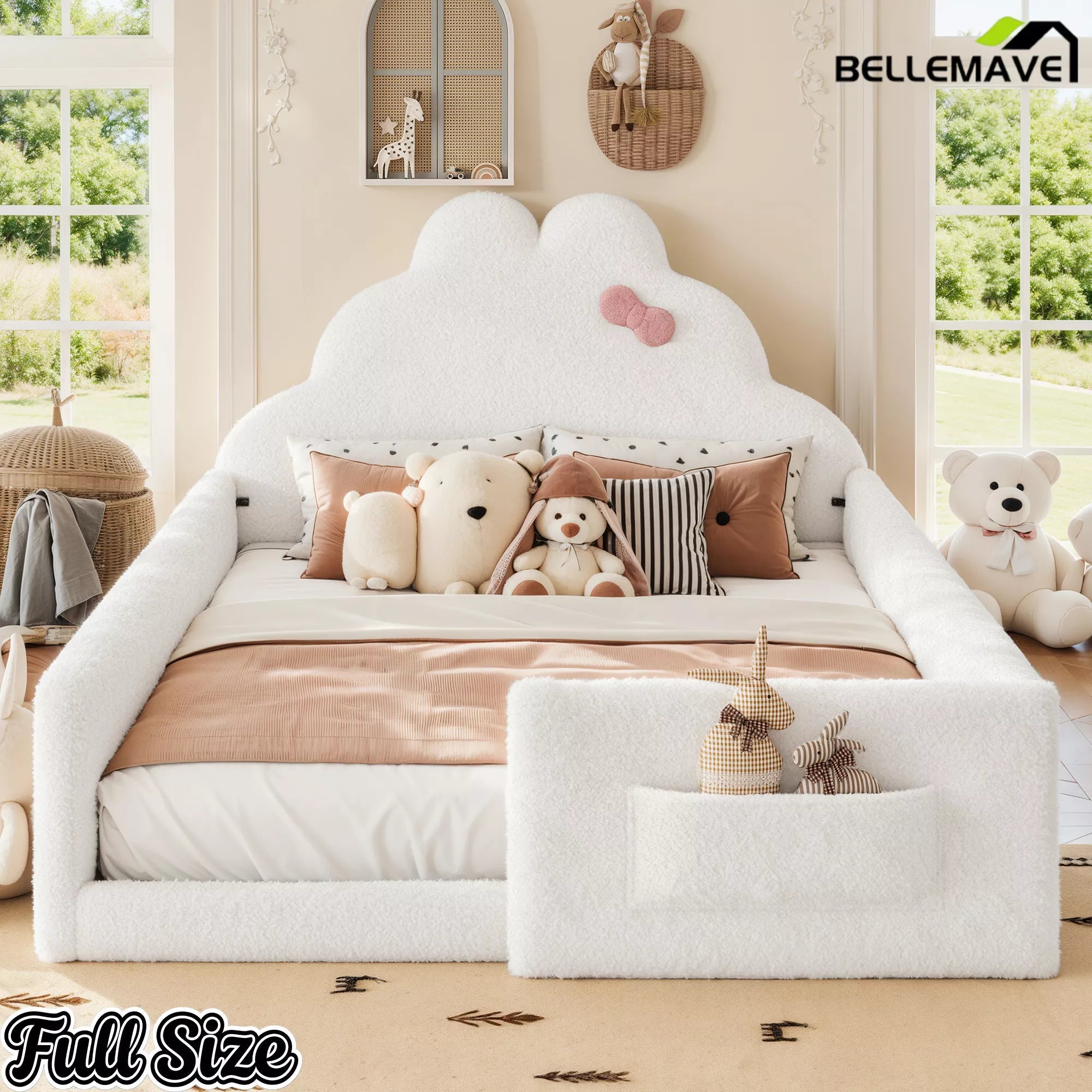 Bellemave® Upholstered Floor Bed with Side Storage Pocket, Low to Ground Kids Bed with Rabbit Headboard and Padded Guardrails - Bellemave