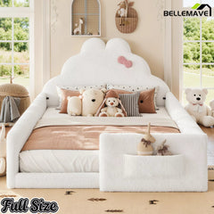 Bellemave® Upholstered Floor Bed with Side Storage Pocket, Low to Ground Kids Bed with Rabbit Headboard and Padded Guardrails - Bellemave
