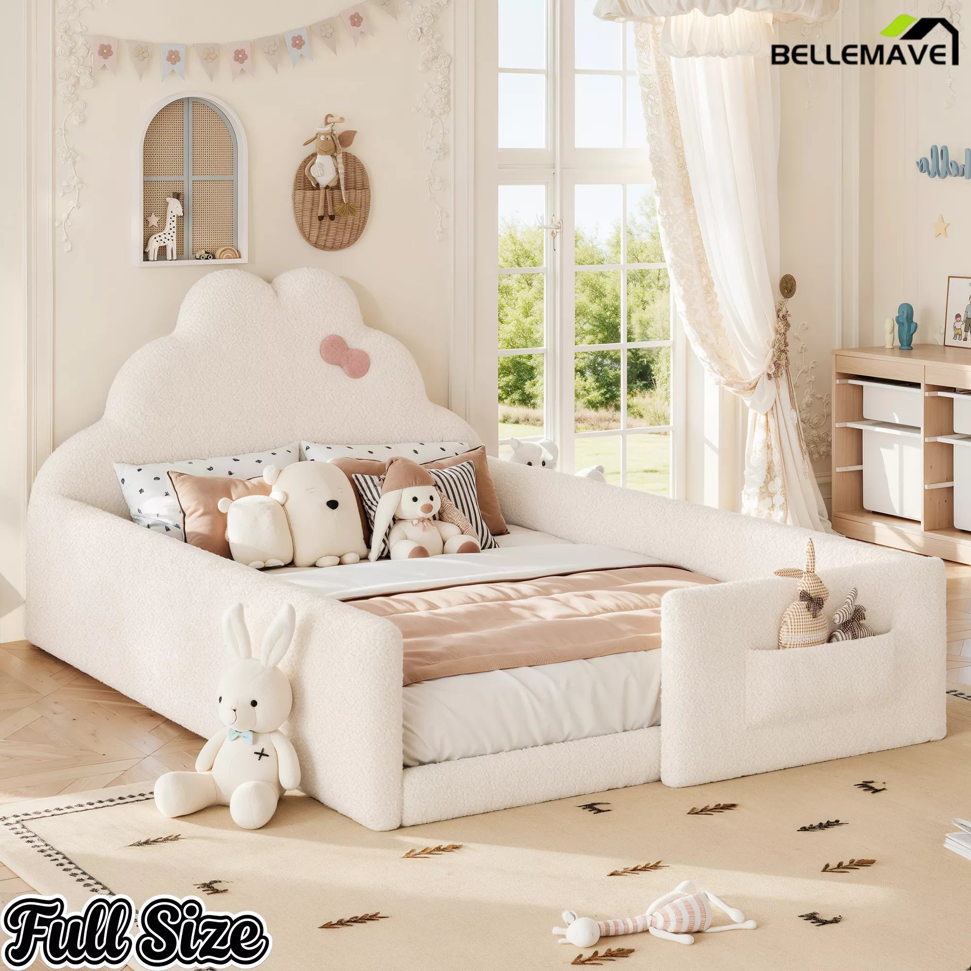Bellemave® Upholstered Floor Bed with Side Storage Pocket, Low to Ground Kids Bed with Rabbit Headboard and Padded Guardrails - Bellemave