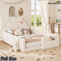 Bellemave® Upholstered Floor Bed with Side Storage Pocket, Low to Ground Kids Bed with Rabbit Headboard and Padded Guardrails - Bellemave