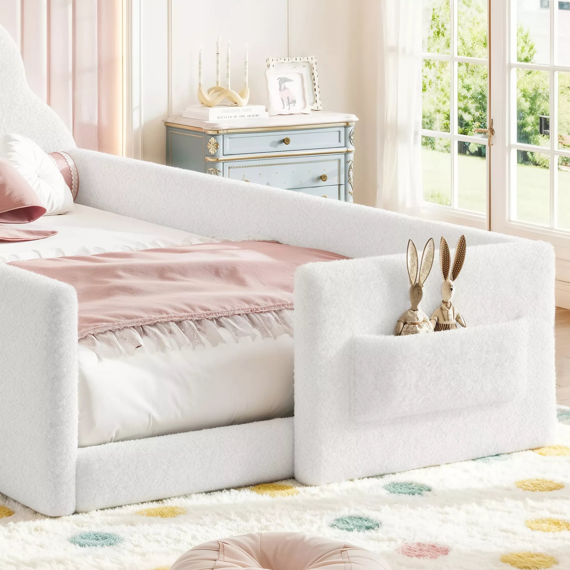 Bellemave® Upholstered Floor Bed with Side Storage Pocket, Low to Ground Kids Bed with Rabbit Headboard and Padded Guardrails - Bellemave