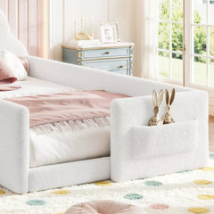Bellemave® Upholstered Floor Bed with Side Storage Pocket, Low to Ground Kids Bed with Rabbit Headboard and Padded Guardrails - Bellemave