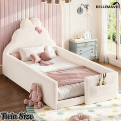 Bellemave® Upholstered Floor Bed with Side Storage Pocket, Low to Ground Kids Bed with Rabbit Headboard and Padded Guardrails - Bellemave