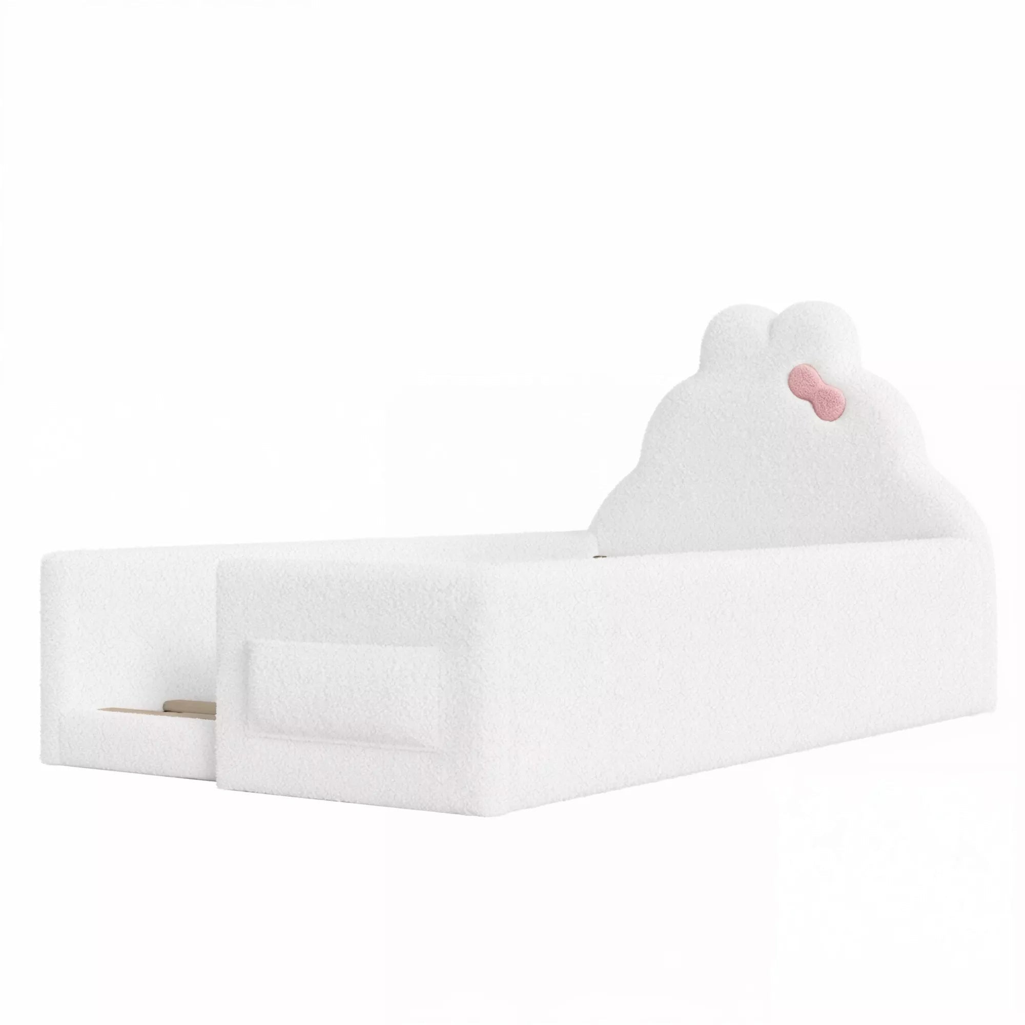 Bellemave® Upholstered Floor Bed with Side Storage Pocket, Low to Ground Kids Bed with Rabbit Headboard and Padded Guardrails - Bellemave