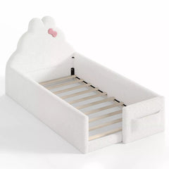 Bellemave® Upholstered Floor Bed with Side Storage Pocket, Low to Ground Kids Bed with Rabbit Headboard and Padded Guardrails - Bellemave
