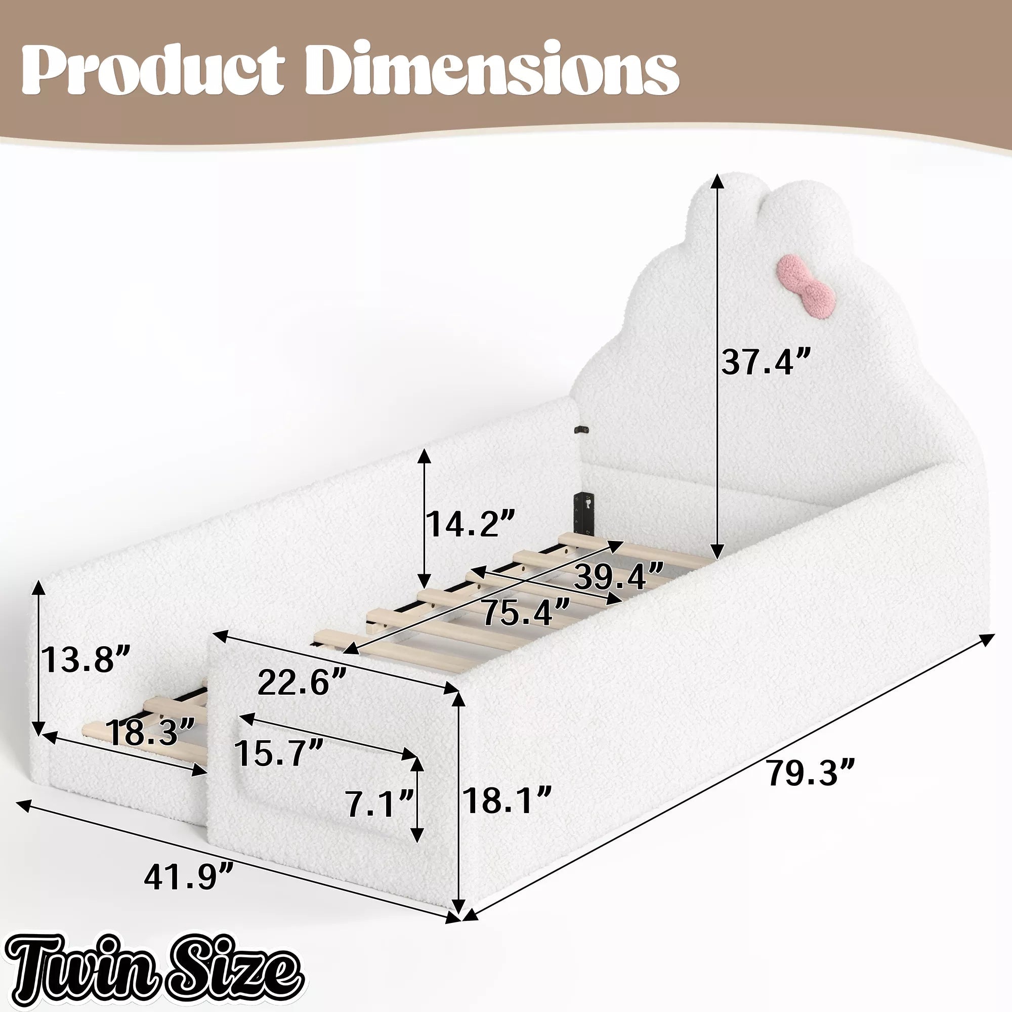 Bellemave® Upholstered Floor Bed with Side Storage Pocket, Low to Ground Kids Bed with Rabbit Headboard and Padded Guardrails - Bellemave