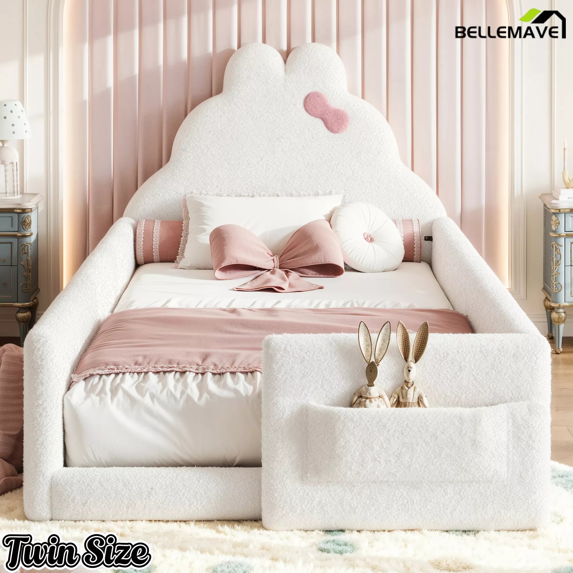 Bellemave® Upholstered Floor Bed with Side Storage Pocket, Low to Ground Kids Bed with Rabbit Headboard and Padded Guardrails - Bellemave