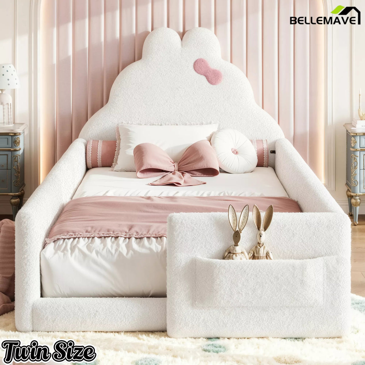 Bellemave® Upholstered Floor Bed with Side Storage Pocket, Low to Ground Kids Bed with Rabbit Headboard and Padded Guardrails - Bellemave