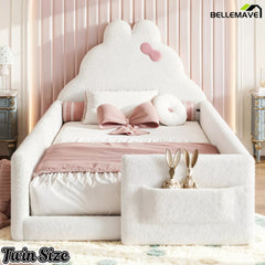 Bellemave® Upholstered Floor Bed with Side Storage Pocket, Low to Ground Kids Bed with Rabbit Headboard and Padded Guardrails - Bellemave