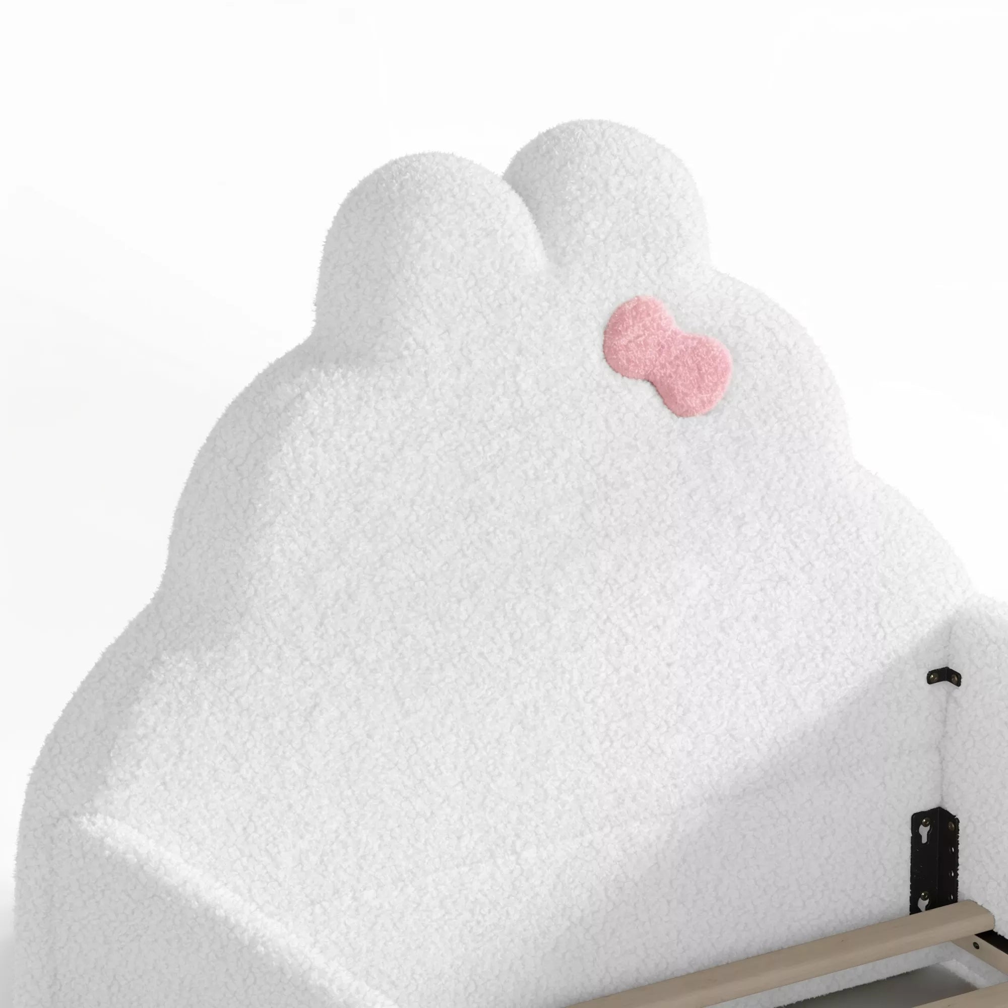 Bellemave® Upholstered Floor Bed with Side Storage Pocket, Low to Ground Kids Bed with Rabbit Headboard and Padded Guardrails - Bellemave