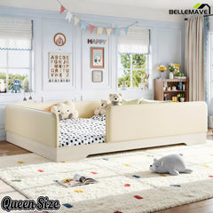 Bellemave® Upholstered Montessori Floor Bed with Removable Guardrails, Faux Leather Low Profile Platform Bed - Bellemave
