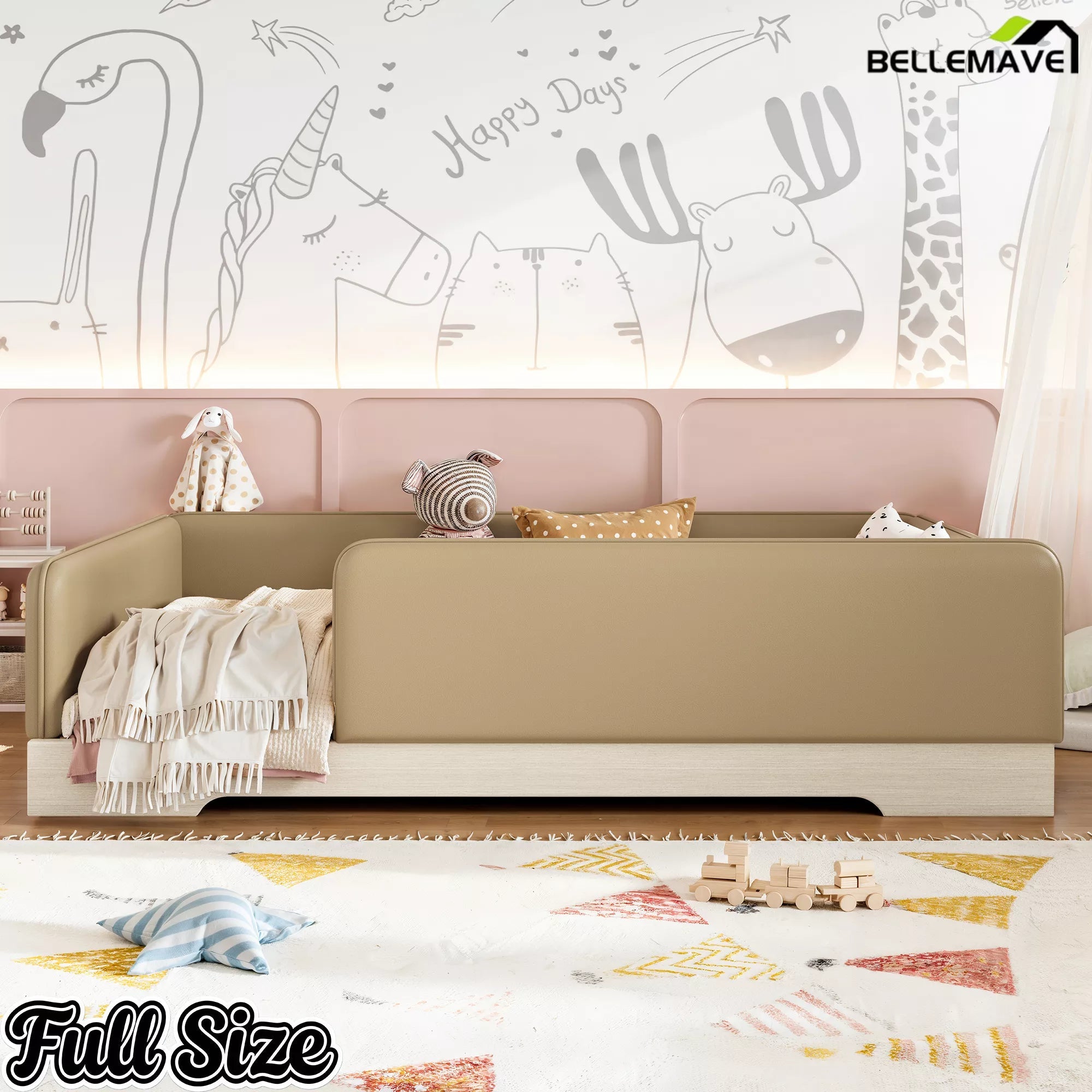 Bellemave® Upholstered Montessori Floor Bed with Removable Guardrails, Faux Leather Low Profile Platform Bed - Bellemave