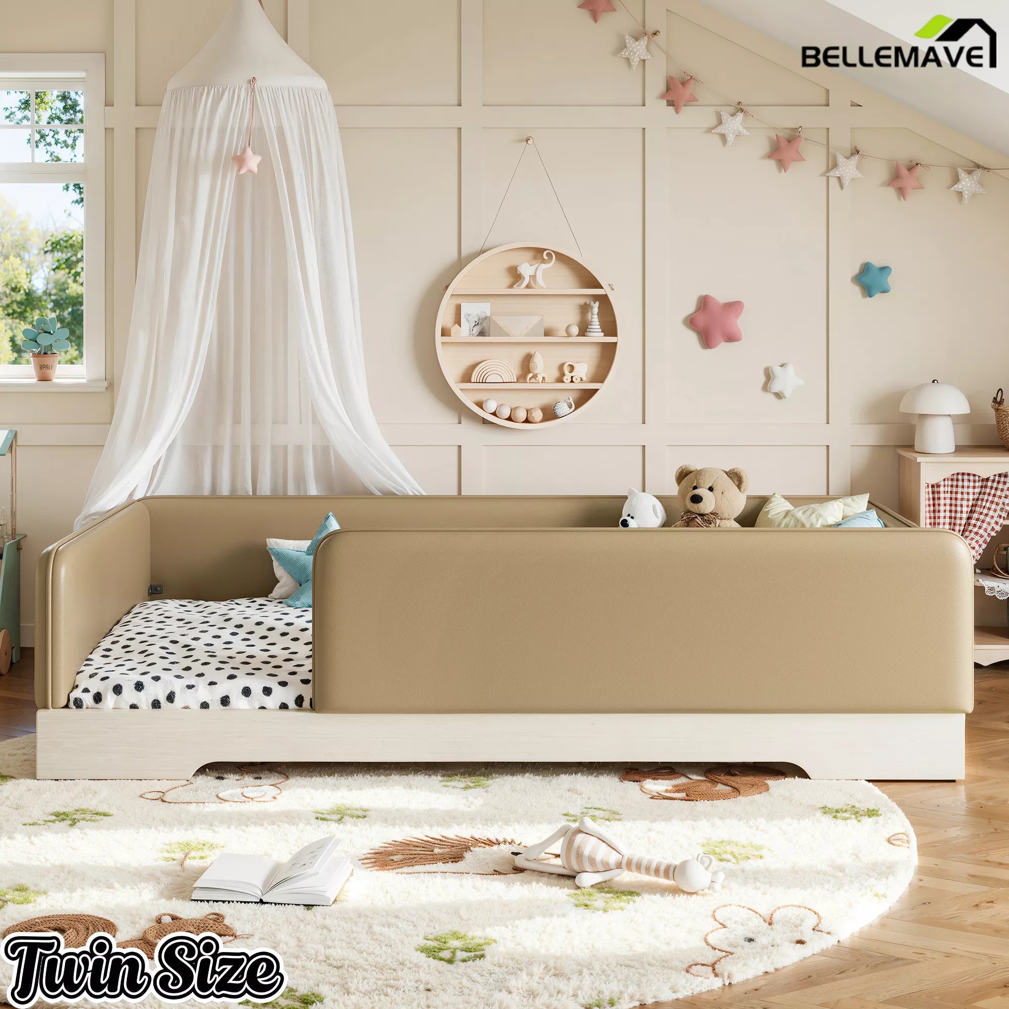 Bellemave® Upholstered Montessori Floor Bed with Removable Guardrails, Faux Leather Low Profile Platform Bed - Bellemave