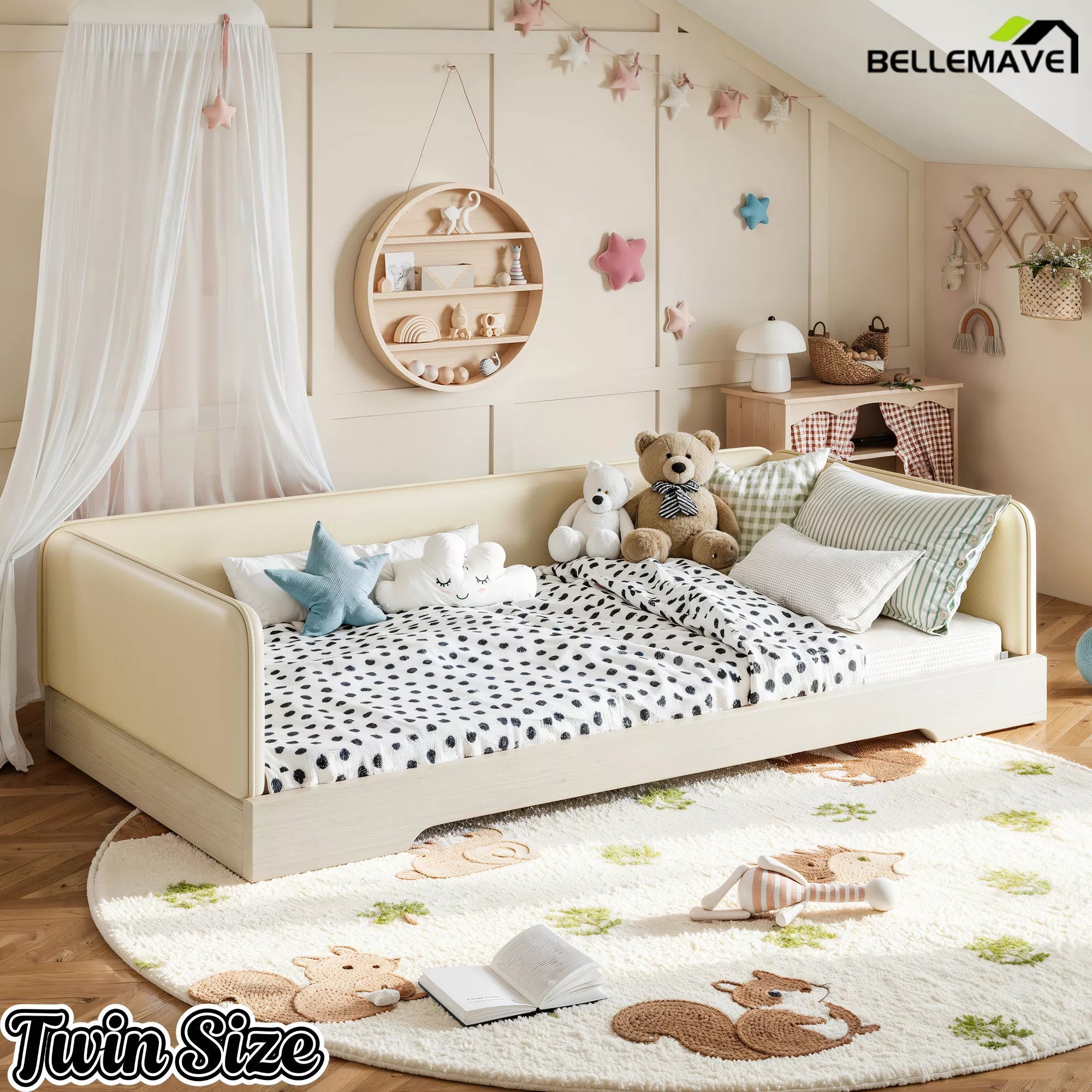 Bellemave® Upholstered Montessori Floor Bed with Removable Guardrails, Faux Leather Low Profile Platform Bed - Bellemave