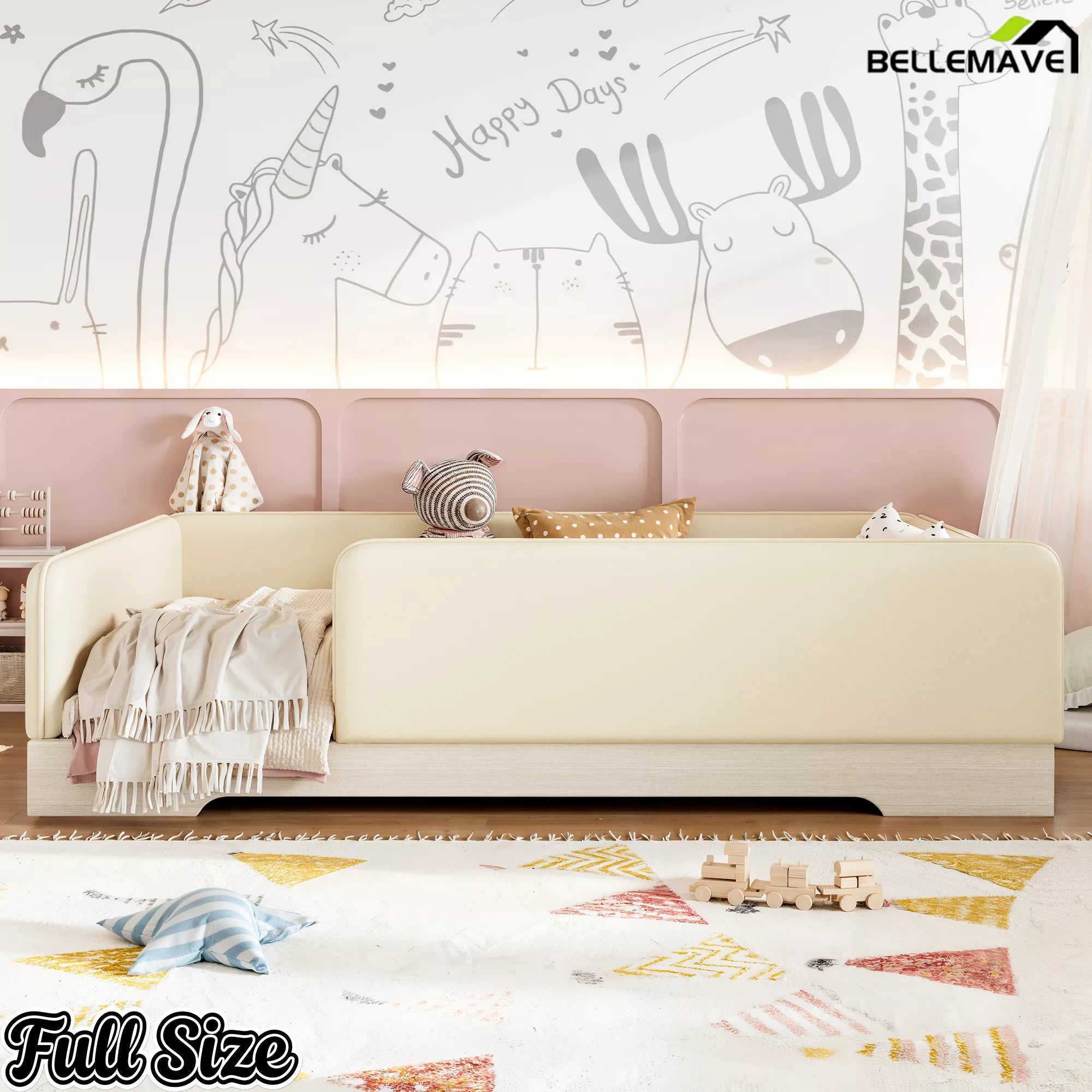 Bellemave® Upholstered Montessori Floor Bed with Removable Guardrails, Faux Leather Low Profile Platform Bed - Bellemave