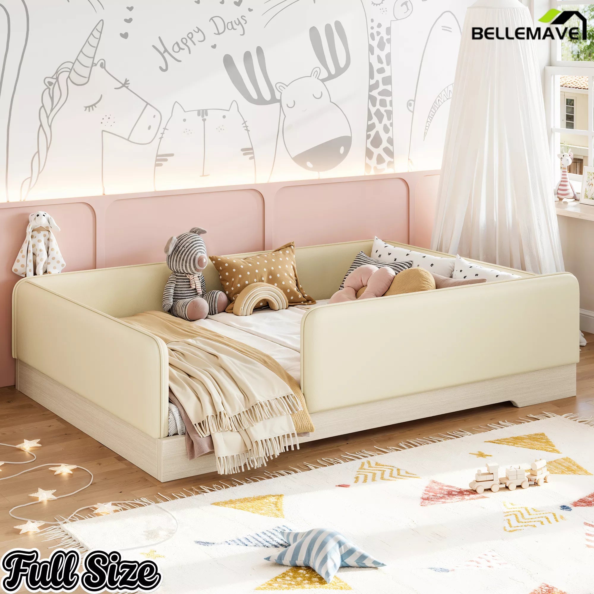 Bellemave® Upholstered Montessori Floor Bed with Removable Guardrails, Faux Leather Low Profile Platform Bed - Bellemave