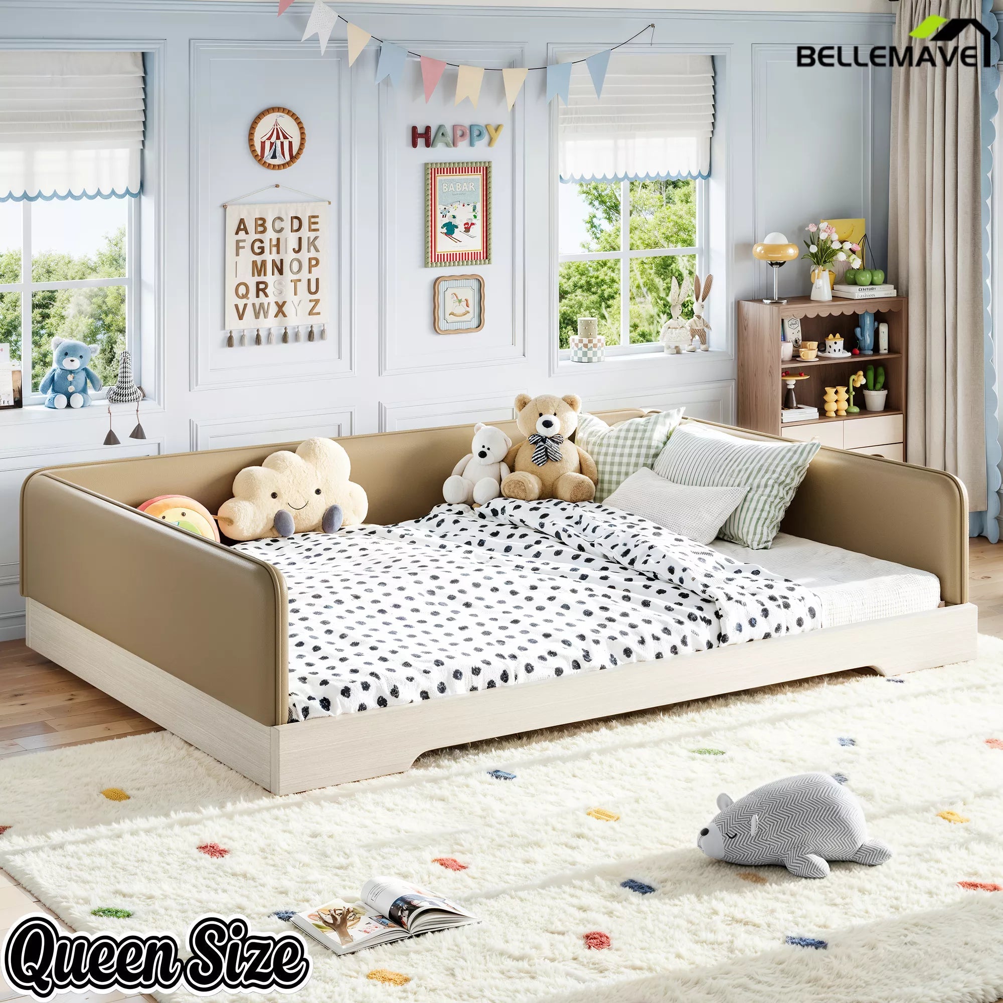 Bellemave® Upholstered Montessori Floor Bed with Removable Guardrails, Faux Leather Low Profile Platform Bed - Bellemave