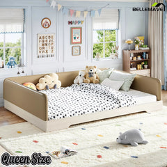 Bellemave® Upholstered Montessori Floor Bed with Removable Guardrails, Faux Leather Low Profile Platform Bed - Bellemave
