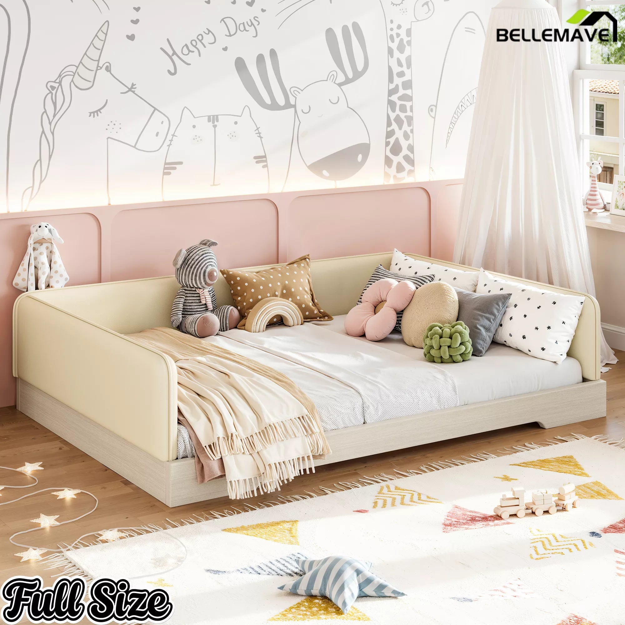 Bellemave® Upholstered Montessori Floor Bed with Removable Guardrails, Faux Leather Low Profile Platform Bed - Bellemave
