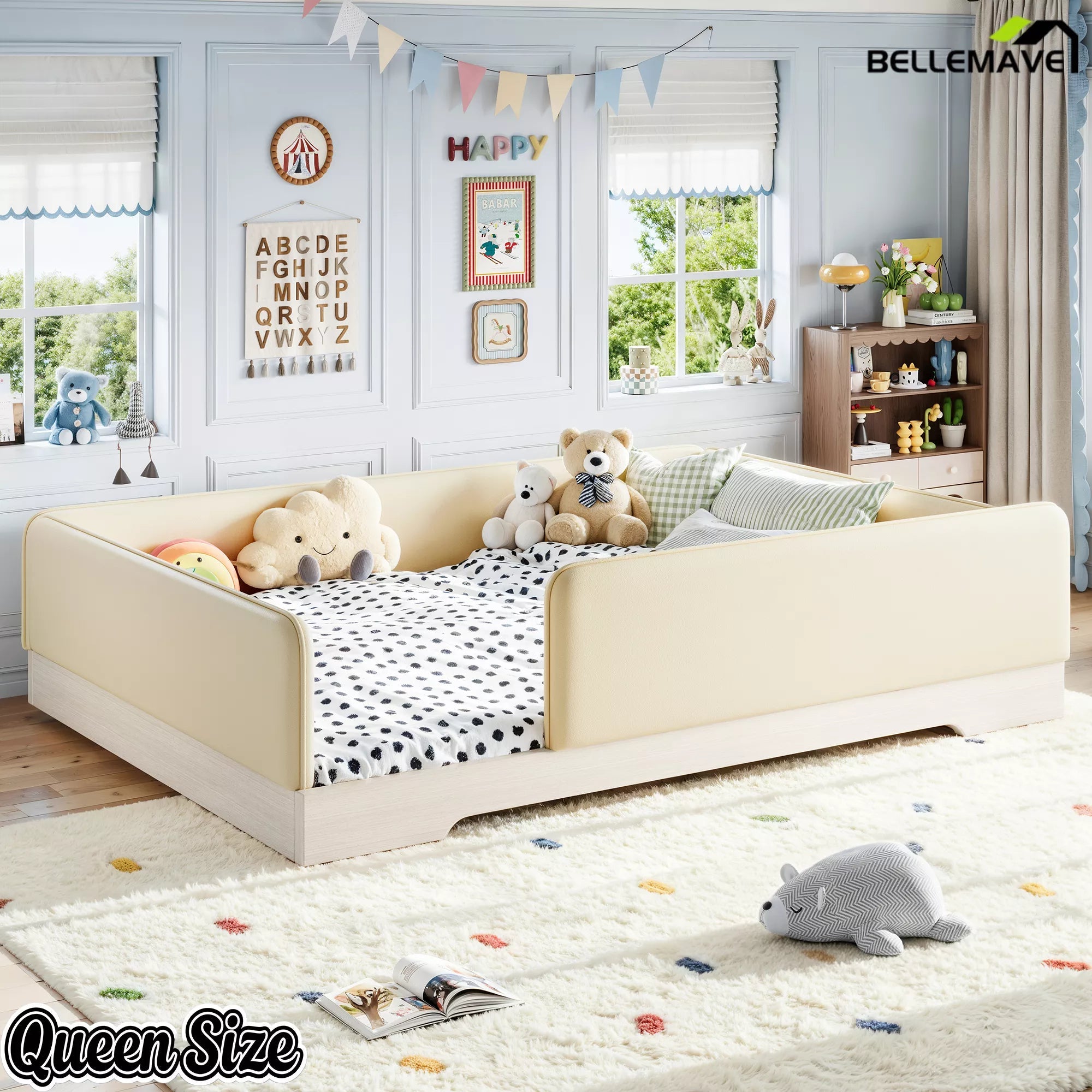 Bellemave® Upholstered Montessori Floor Bed with Removable Guardrails, Faux Leather Low Profile Platform Bed - Bellemave