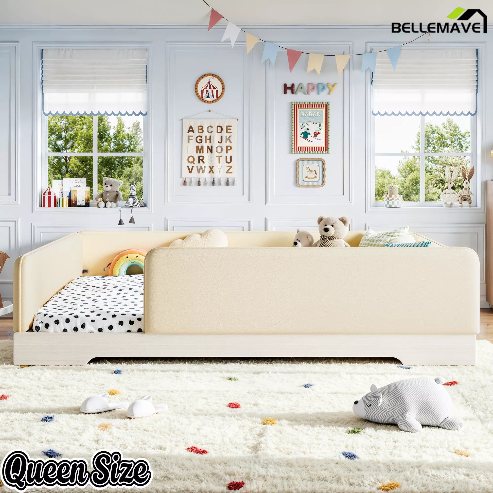 Bellemave® Upholstered Montessori Floor Bed with Removable Guardrails, Faux Leather Low Profile Platform Bed - Bellemave