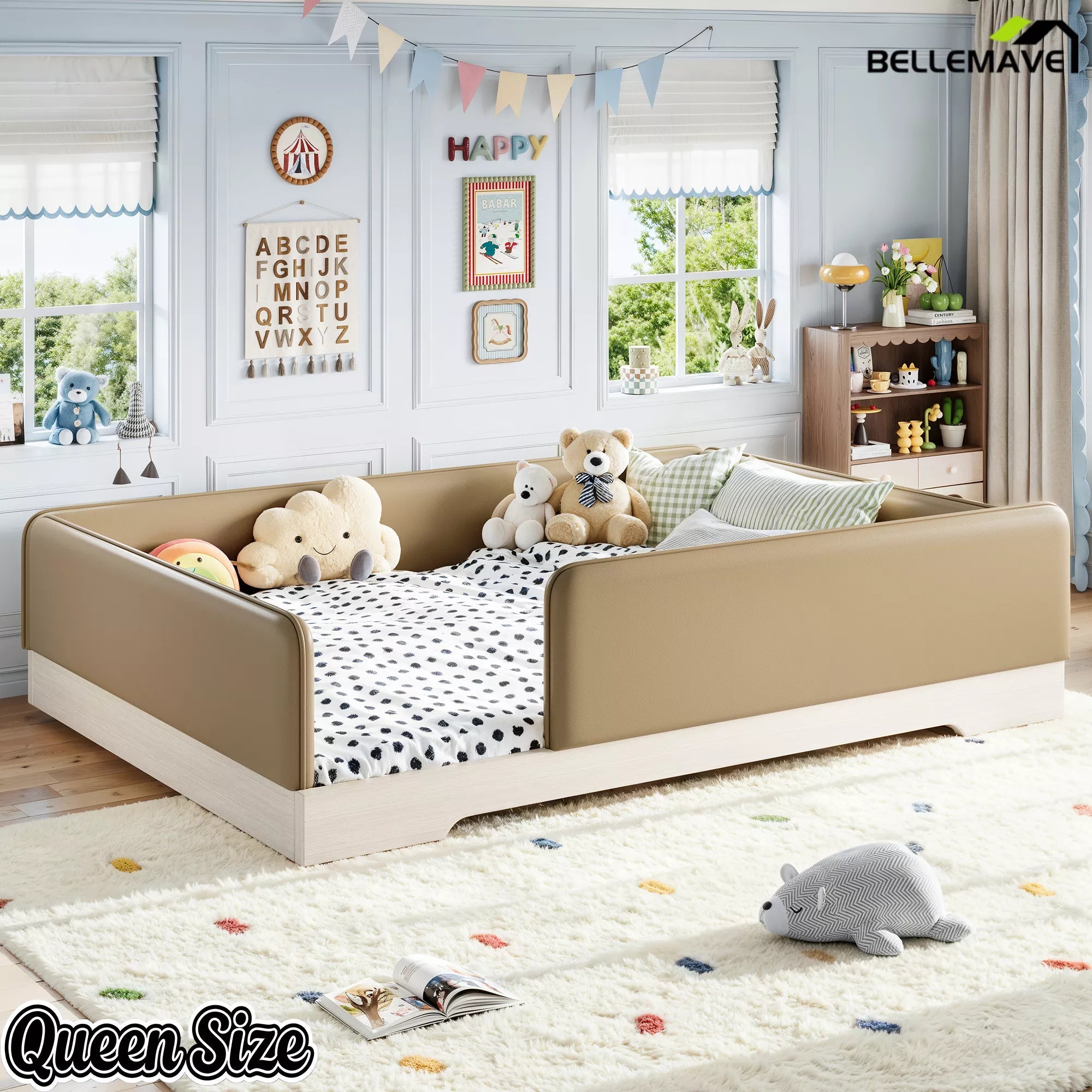 Bellemave® Upholstered Montessori Floor Bed with Removable Guardrails, Faux Leather Low Profile Platform Bed - Bellemave