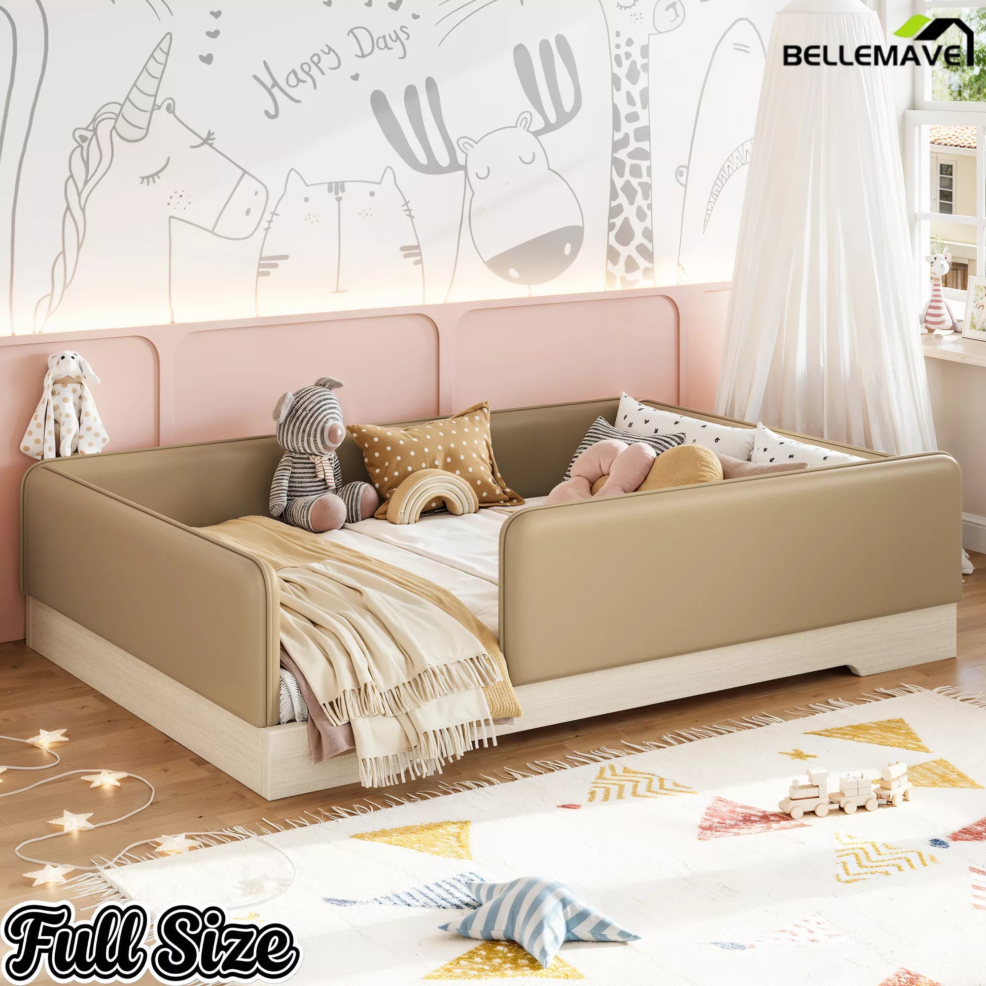 Bellemave® Upholstered Montessori Floor Bed with Removable Guardrails, Faux Leather Low Profile Platform Bed - Bellemave
