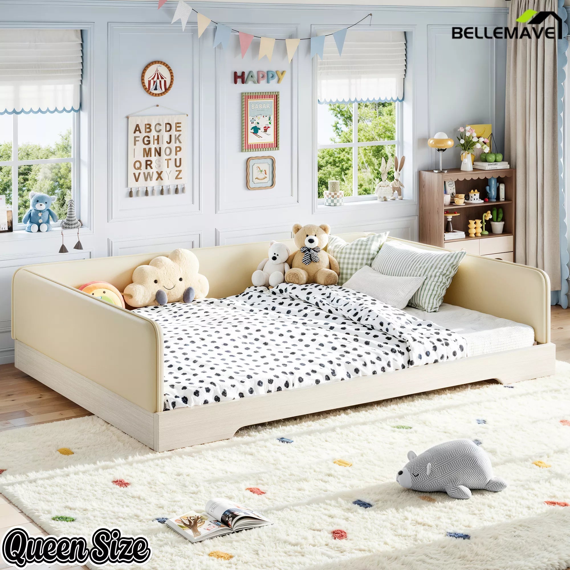 Bellemave® Upholstered Montessori Floor Bed with Removable Guardrails, Faux Leather Low Profile Platform Bed - Bellemave
