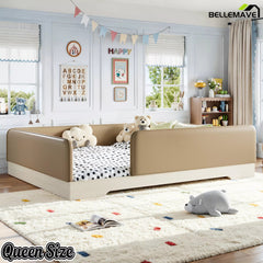 Bellemave® Upholstered Montessori Floor Bed with Removable Guardrails, Faux Leather Low Profile Platform Bed - Bellemave