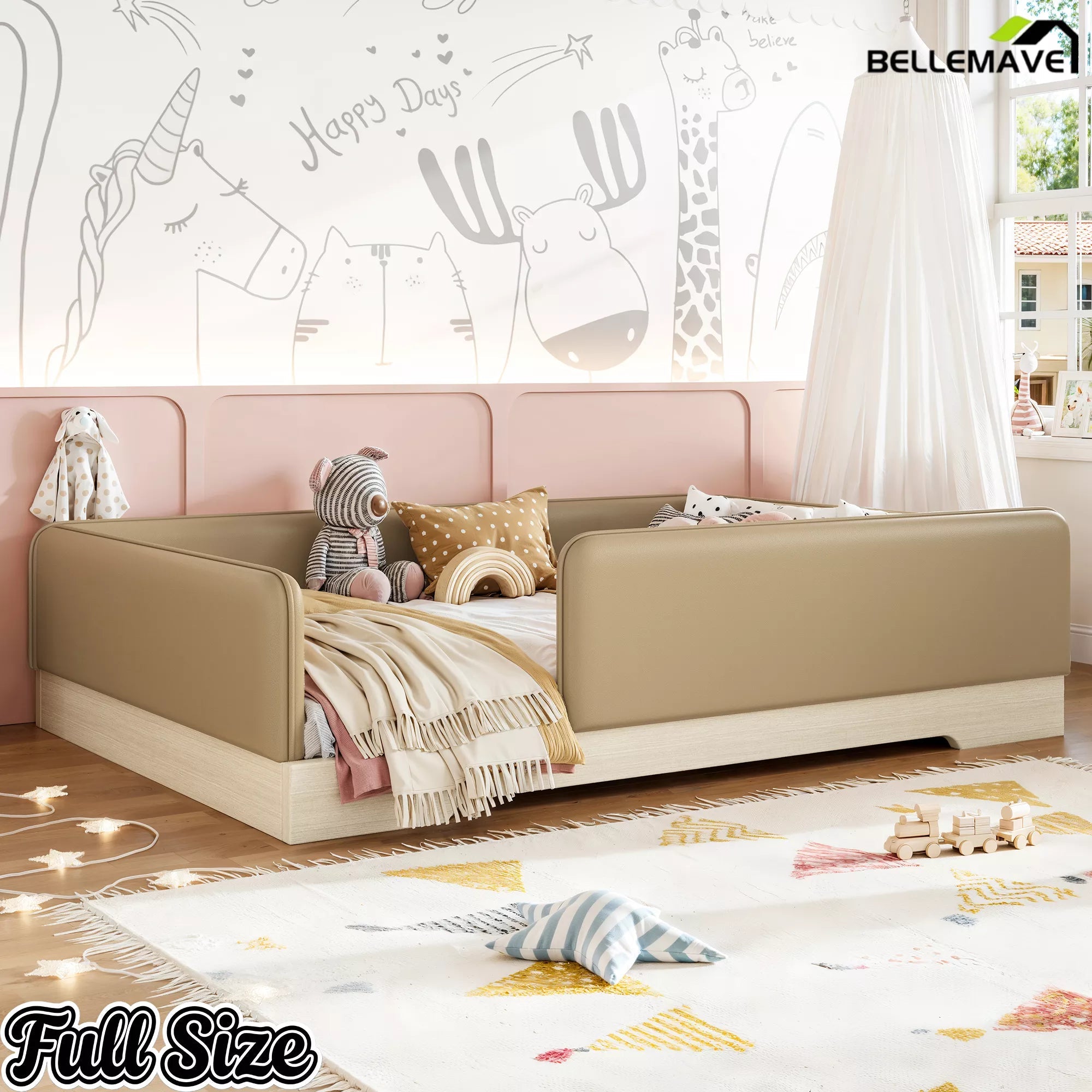 Bellemave® Upholstered Montessori Floor Bed with Removable Guardrails, Faux Leather Low Profile Platform Bed - Bellemave