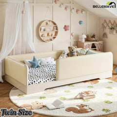 Bellemave® Upholstered Montessori Floor Bed with Removable Guardrails, Faux Leather Low Profile Platform Bed - Bellemave