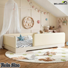 Bellemave® Upholstered Montessori Floor Bed with Removable Guardrails, Faux Leather Low Profile Platform Bed - Bellemave
