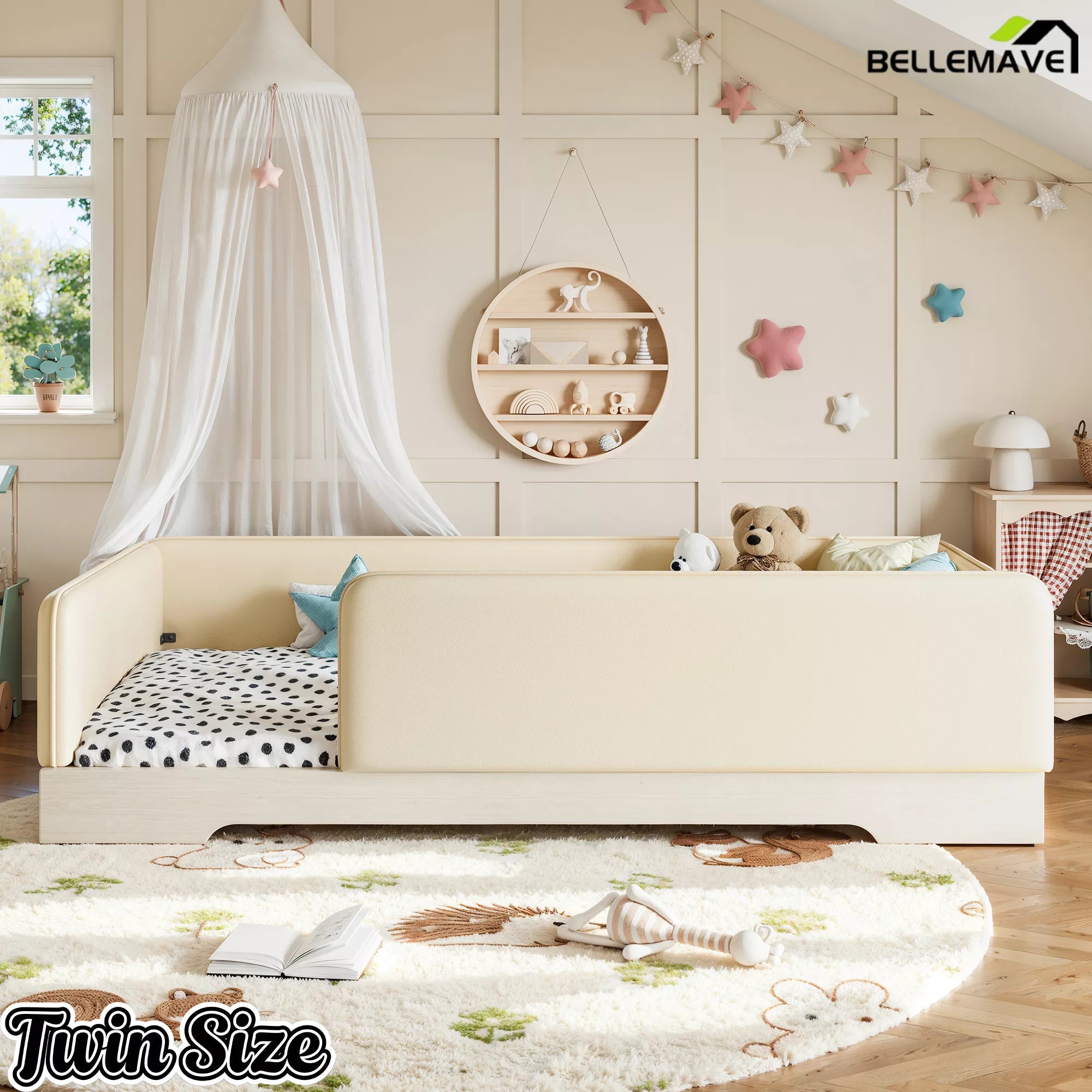 Bellemave® Upholstered Montessori Floor Bed with Removable Guardrails, Faux Leather Low Profile Platform Bed - Bellemave