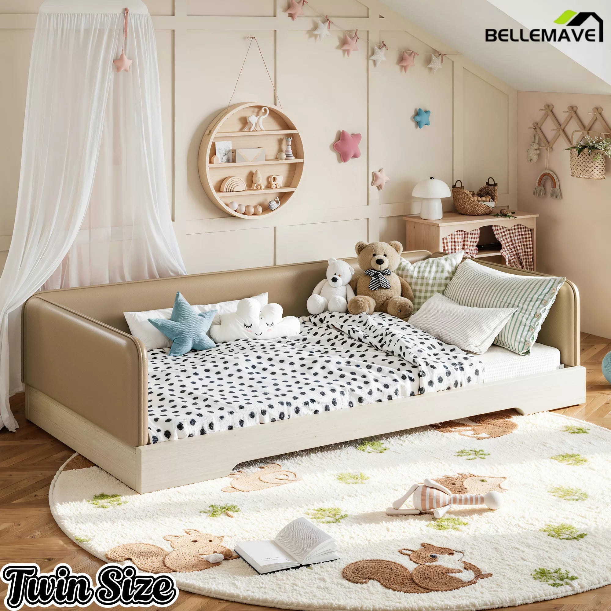 Bellemave® Upholstered Montessori Floor Bed with Removable Guardrails, Faux Leather Low Profile Platform Bed - Bellemave