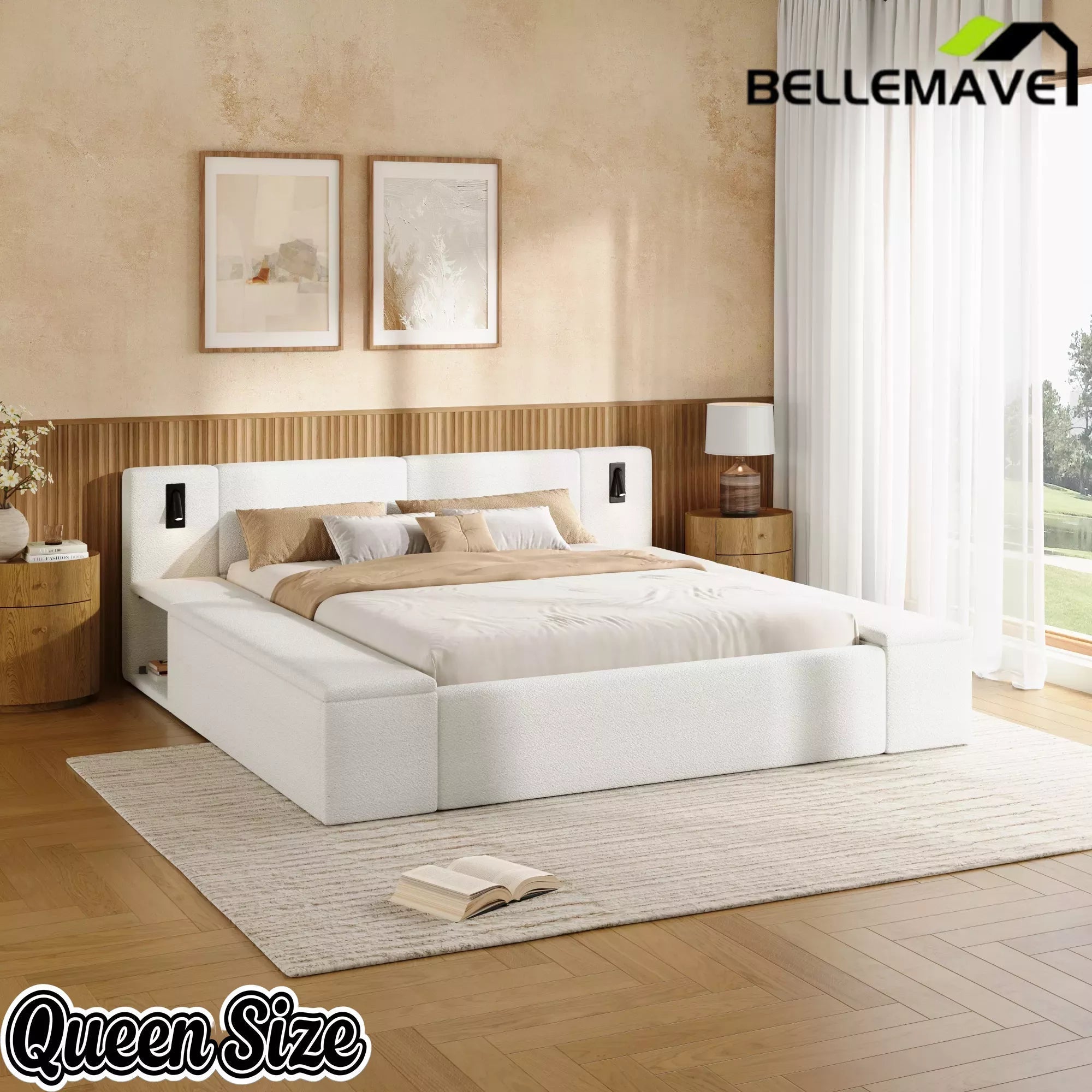 Bellemave® Upholstered Platform Bed Frame with Massive Hidden Storage, Modern Bouclé Fabric Bed with Built-in Nightstands & LED Reading Lights, Wood Slats - Bellemave
