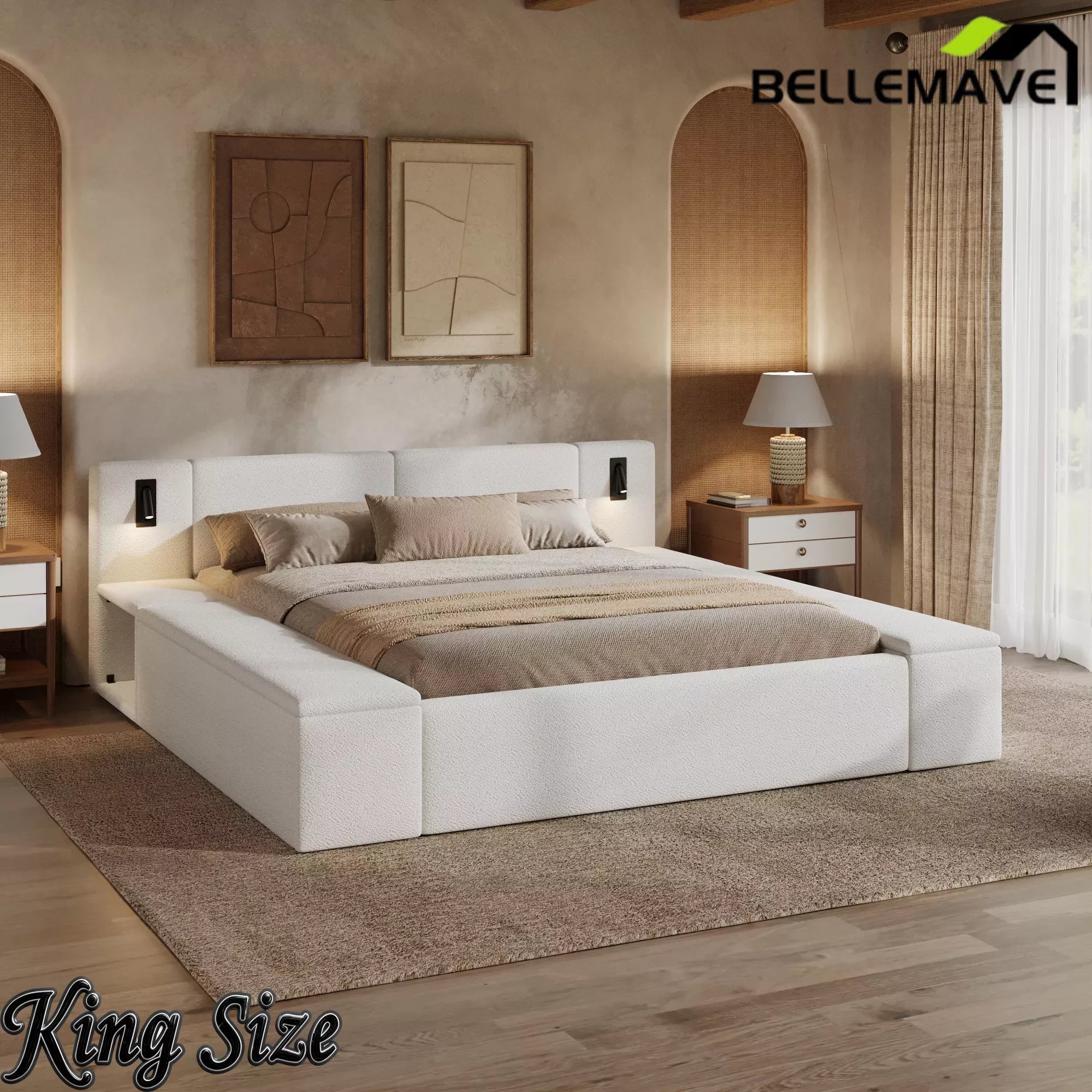 Bellemave® Upholstered Platform Bed Frame with Massive Hidden Storage, Modern Bouclé Fabric Bed with Built-in Nightstands & LED Reading Lights, Wood Slats - Bellemave