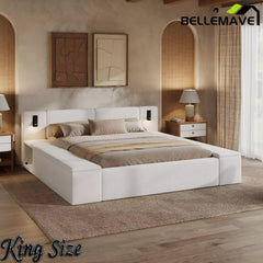 Bellemave® Upholstered Platform Bed Frame with Massive Hidden Storage, Modern Bouclé Fabric Bed with Built-in Nightstands & LED Reading Lights, Wood Slats - Bellemave