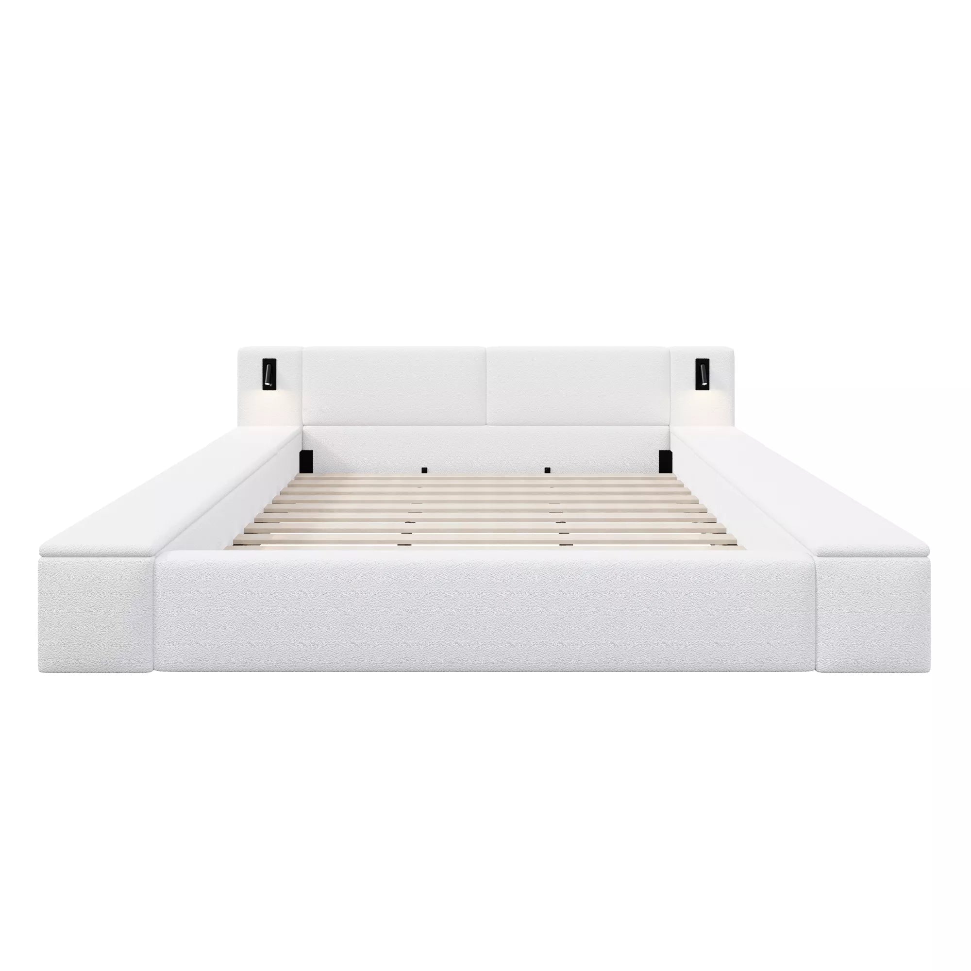Bellemave® Upholstered Platform Bed Frame with Massive Hidden Storage, Modern Bouclé Fabric Bed with Built-in Nightstands & LED Reading Lights, Wood Slats - Bellemave