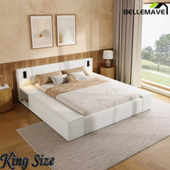 Bellemave® Upholstered Platform Bed Frame with Massive Hidden Storage, Modern Bouclé Fabric Bed with Built-in Nightstands & LED Reading Lights, Wood Slats - Bellemave