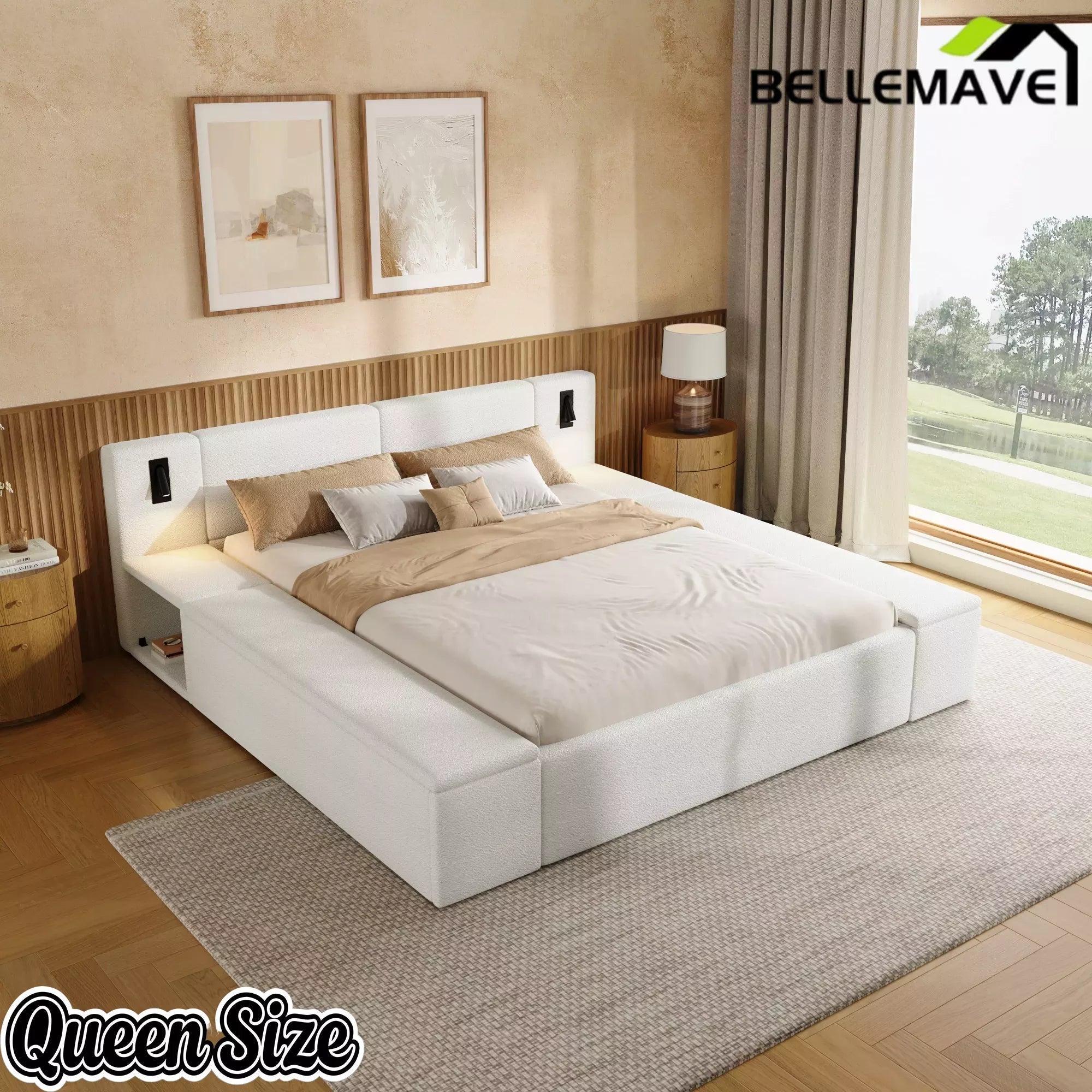 Bellemave® Upholstered Platform Bed Frame with Massive Hidden Storage, Modern Bouclé Fabric Bed with Built-in Nightstands & LED Reading Lights, Wood Slats - Bellemave