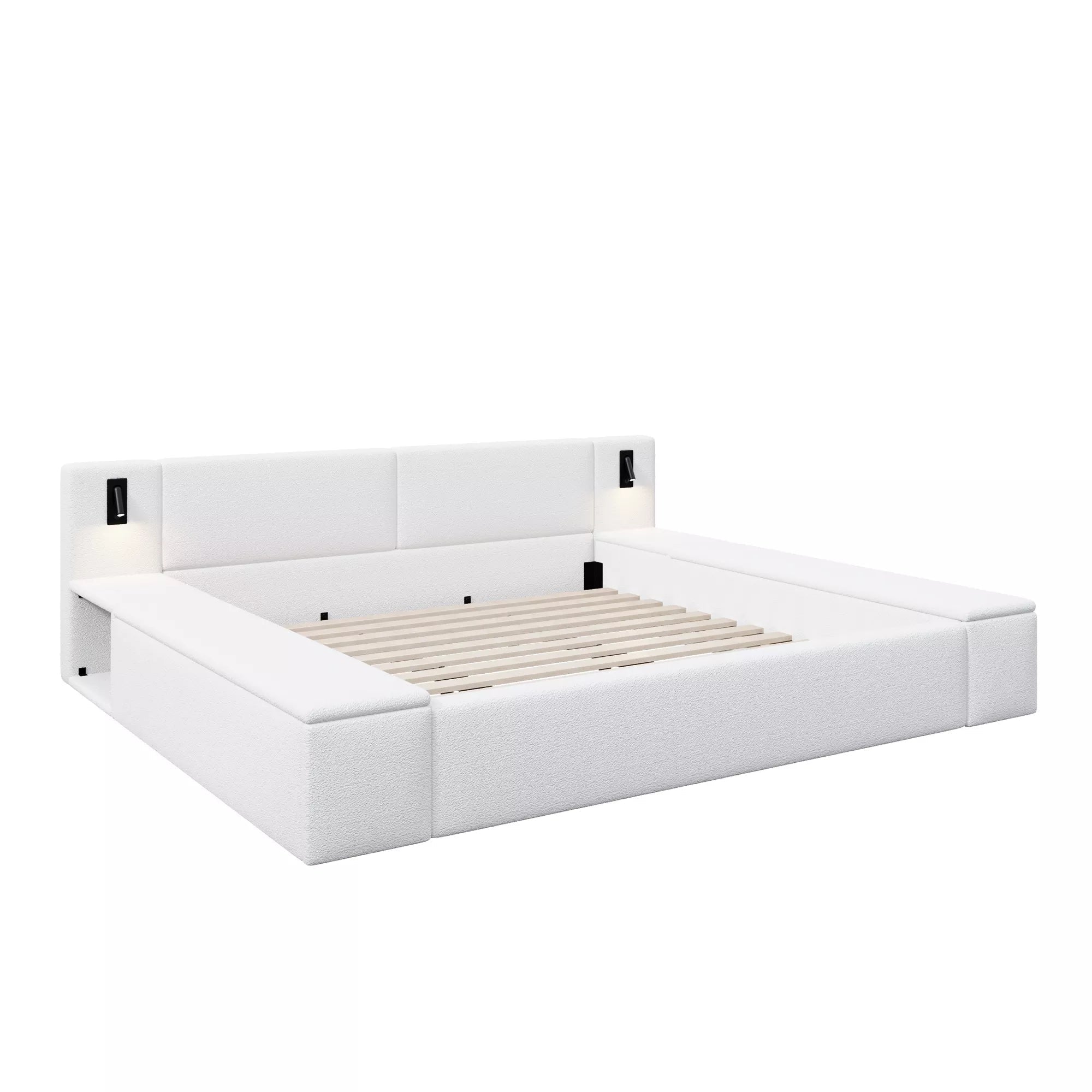 Bellemave® Upholstered Platform Bed Frame with Massive Hidden Storage, Modern Bouclé Fabric Bed with Built-in Nightstands & LED Reading Lights, Wood Slats - Bellemave