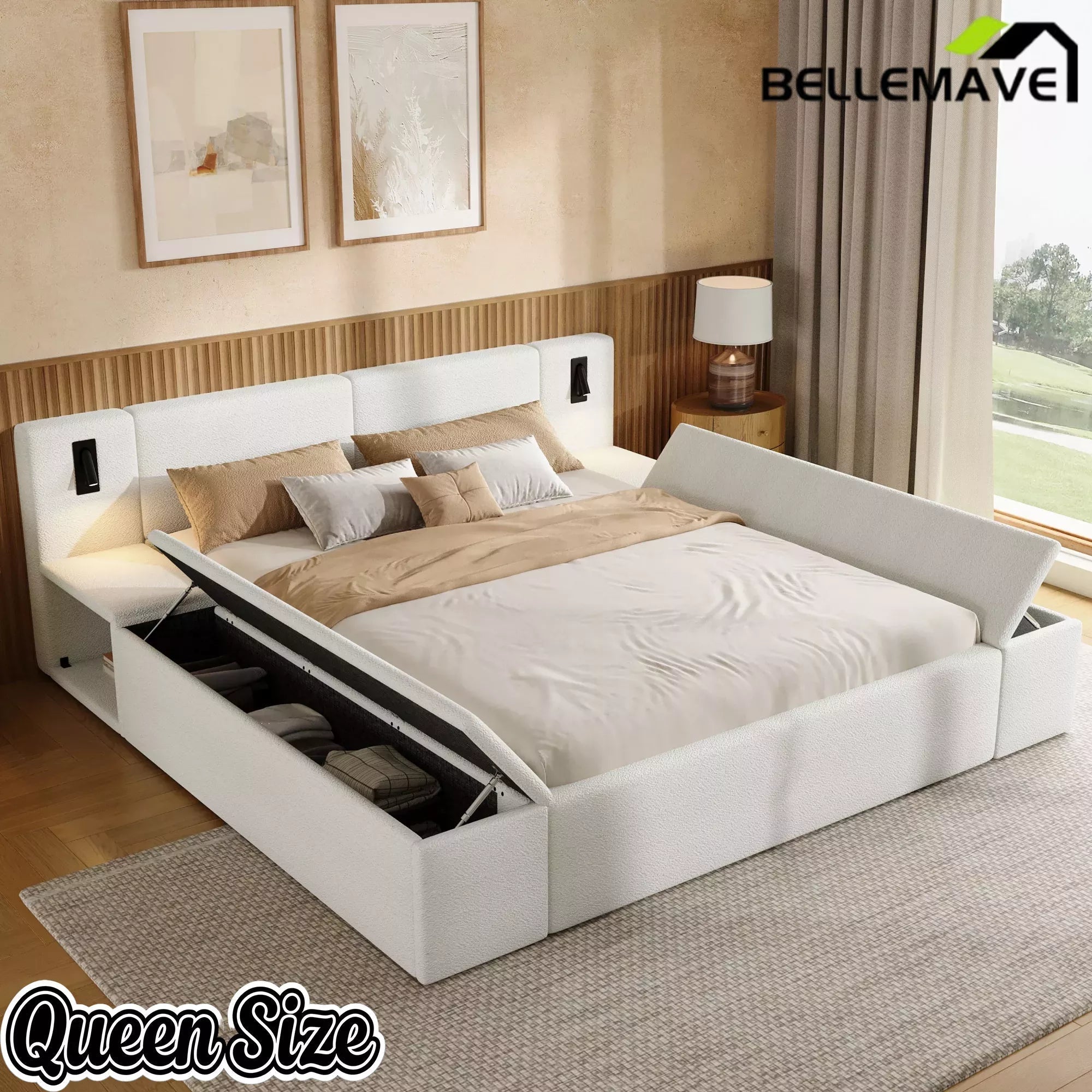 Bellemave® Upholstered Platform Bed Frame with Massive Hidden Storage, Modern Bouclé Fabric Bed with Built-in Nightstands & LED Reading Lights, Wood Slats - Bellemave