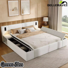 Bellemave® Upholstered Platform Bed Frame with Massive Hidden Storage, Modern Bouclé Fabric Bed with Built-in Nightstands & LED Reading Lights, Wood Slats - Bellemave