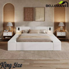 Bellemave® Upholstered Platform Bed Frame with Massive Hidden Storage, Modern Bouclé Fabric Bed with Built-in Nightstands & LED Reading Lights, Wood Slats - Bellemave